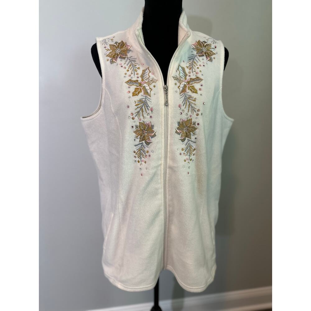 Quacker Factory Jeanne Bice Womens L Ivory Fleece Embroidered Christmas Vest